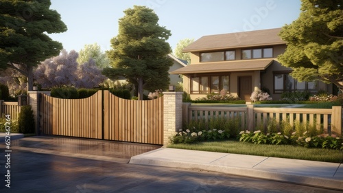 a welcoming home with a beautiful new wooden fence surrounding the house on a bright and sunny day. The exterior of your home and wood fence in all its glory.