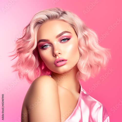Beautiful girl in pink with makeup photo