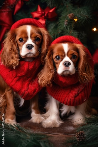 Two adorable dogs wearing matching red sweaters