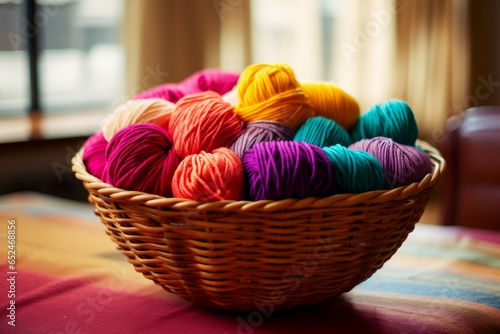 Basket full of colorful yarn wool balls. India bright colors