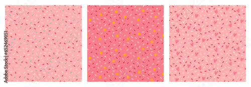 Collection of three seamless pattern with decorative bright sprinkles texture on pink background.