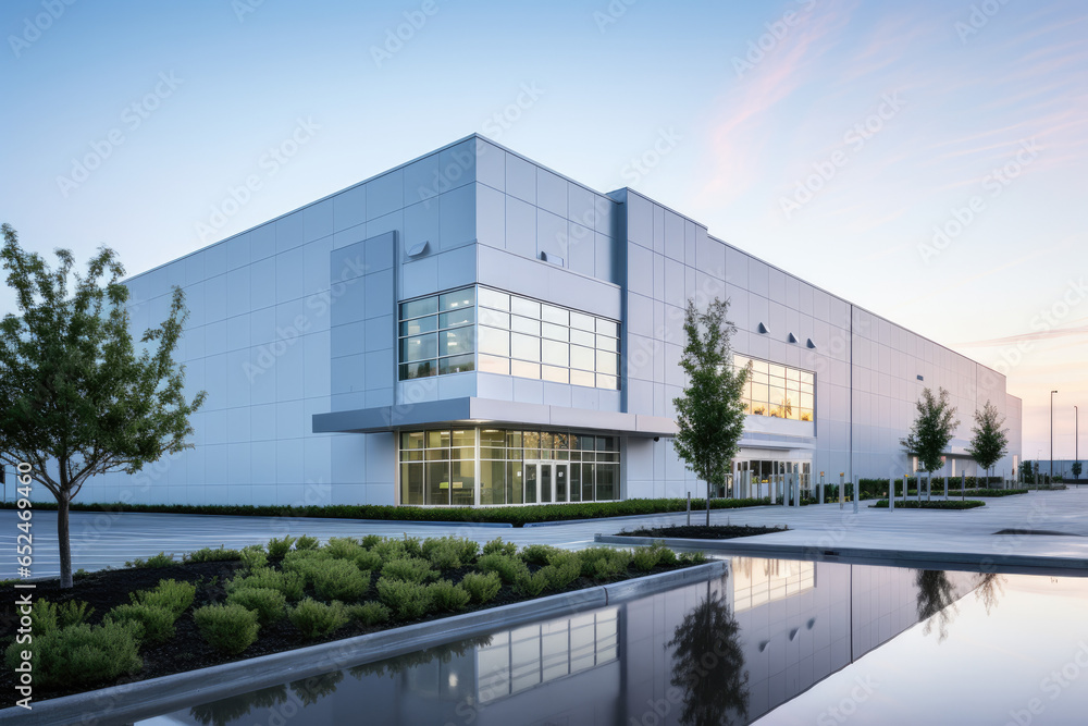 Factory's exterior, featuring clean lines, innovative architecture, and eco-friendly features - obrazy, fototapety, plakaty 