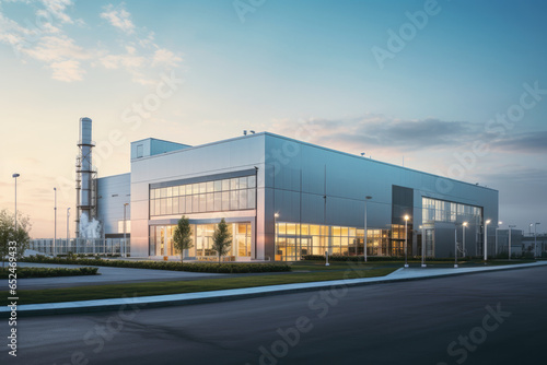 Factory's exterior, featuring clean lines, innovative architecture, and eco-friendly features