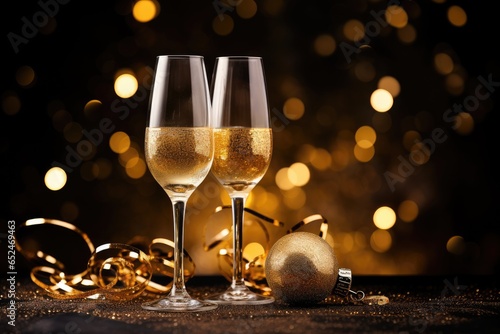 Two elegant wine glasses with golden accents against a backdrop of twinkling lights