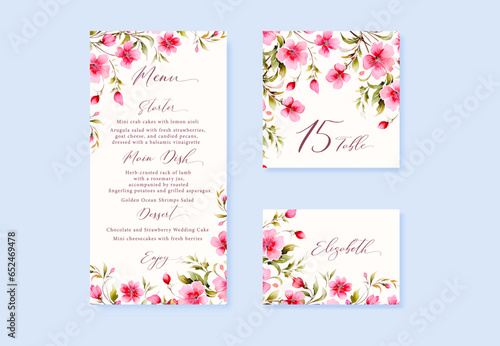 Watercolor floral rustic wedding menu, table and escort cards with vintage wild flowers illustration.
