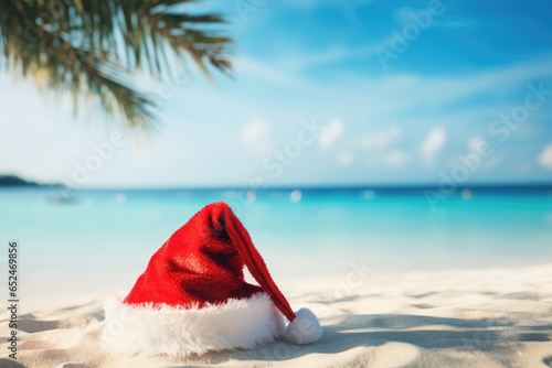 Red Santa Claus hat on beach with blue sea and palms in a background. Holiday and xmas concept