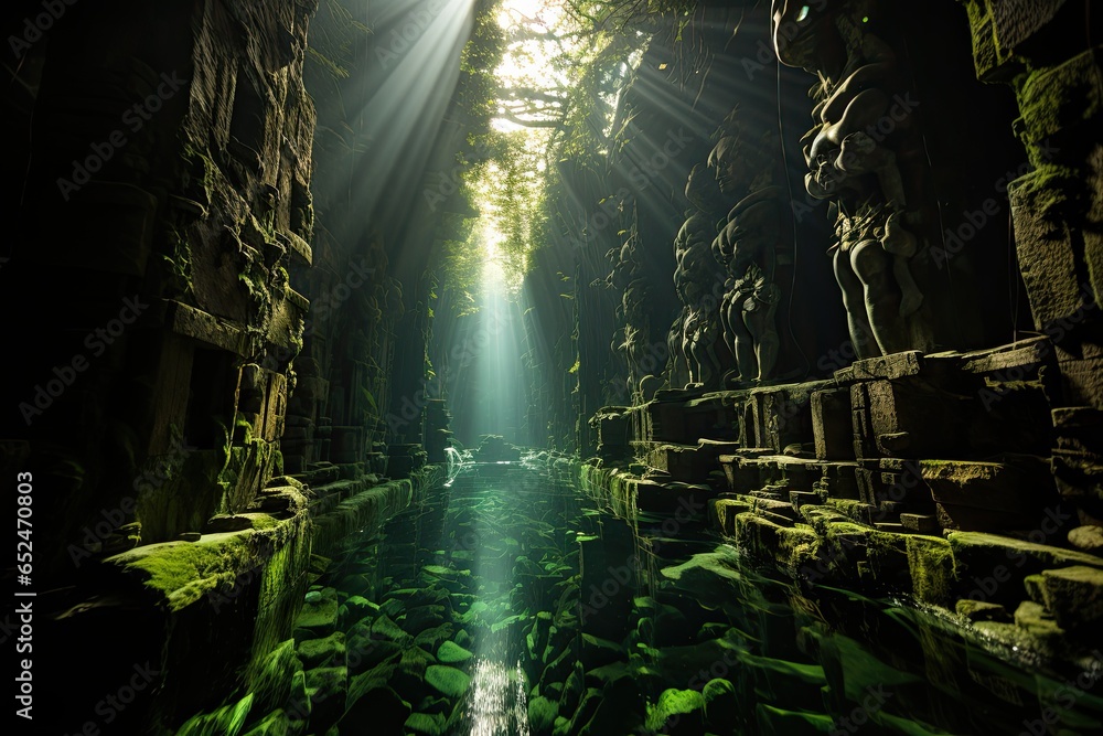 Swimmers dive into adorned underground pool; Soft rays highlight aquatic beauty., generative IA
