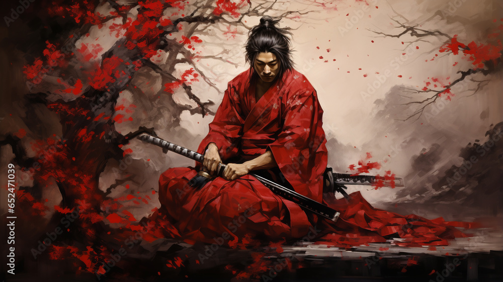 Japanese samurai sits with a sword. ai generative - obrazy, fototapety, plakaty 