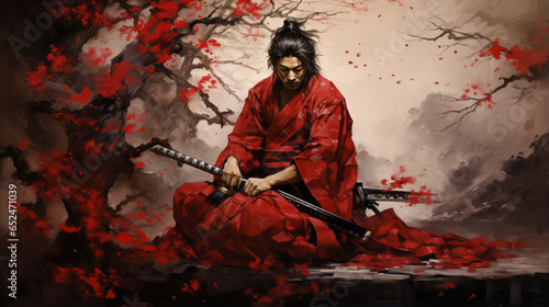 Japanese samurai sits with a sword. ai generative