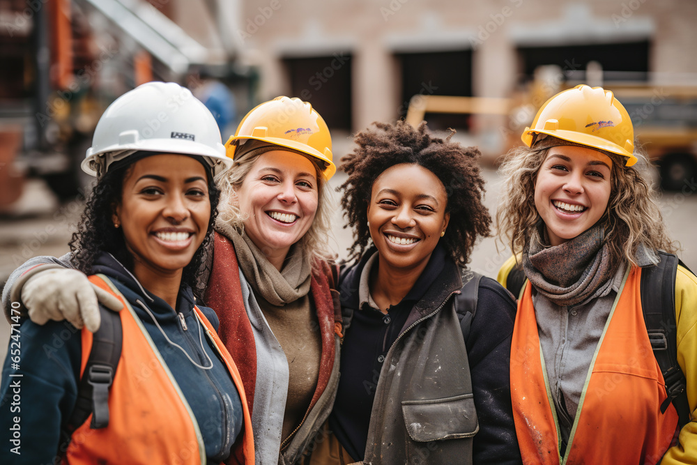 Smiling portrait of a diverse happy female group of women working construction on a construction site. ai generative - obrazy, fototapety, plakaty 