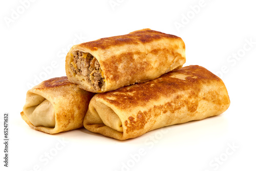 Bild auf Leinwand Savory pancake rolls stuffed with ground meat, isolated on white background
