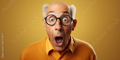 Portrait of amazed old man with an open mouth and round big eyes wearing eyeglasses. ai generative