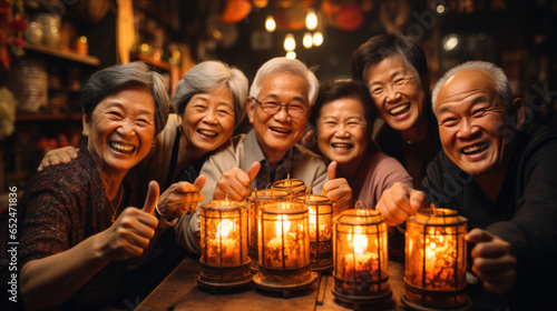 Happy Thanksgiving Day  Group of asian senior friends holding candles and showing thumbs up.