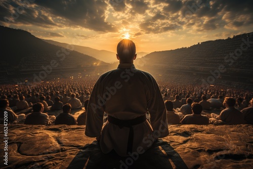 Master and disciple perform accurate katas at sunset, wrapped in determination., generative IA photo