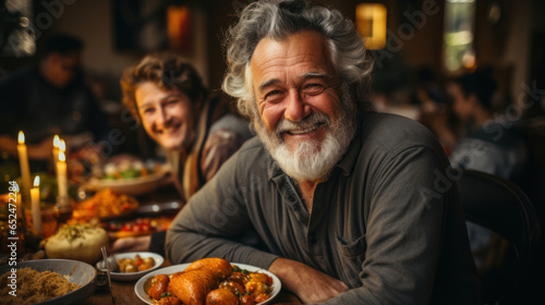 Happy Thanksgiving Day  Elderly man having dinner with his family at home.