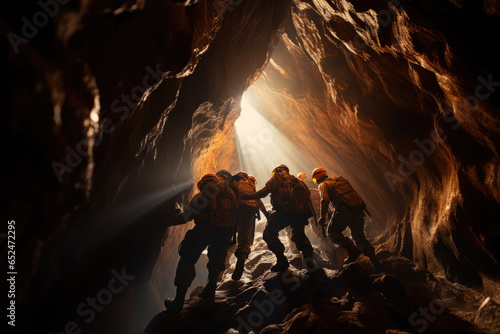 Group of spelunkers navigating through a narrow cave passage
