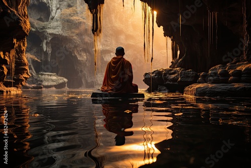 Warrior in training under waterfall in an old temple at dusk., generative IA
