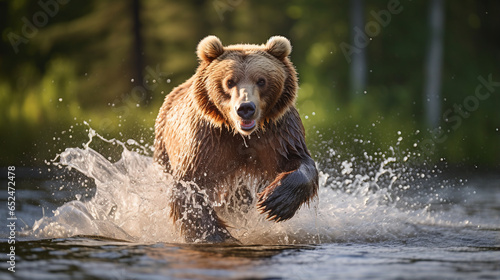 Brown Bear Fishing and Running Through Water. ai generative © Oleksandr