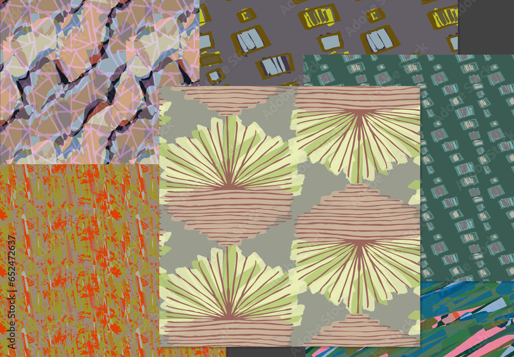 Seamless Pattern Set with Hand Drawn Floral Elements Stock Template ...