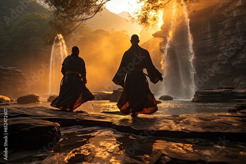 Kung Fu disciple trains under serene waterfall., generative IA photo