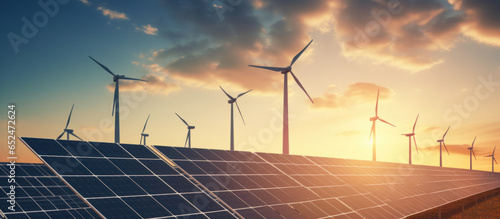 Wind turbines and solar panels at sunset. renewable energy concept.
