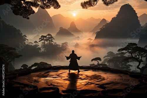 Kung Fu master trains at dawn in ancestral temple., generative IA