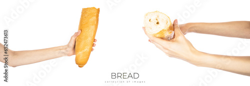 French bread baguette in hand isolated on white background.