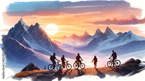 group of campers climbing the mountain by bicycle at sunset. Couple on bike silhouettes and twilight scenery