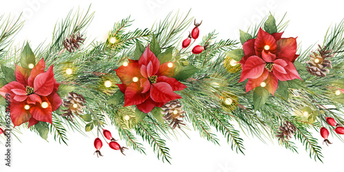 Christmas seamless border. Christmas tree garland with poinsettia flowers and glowing lights