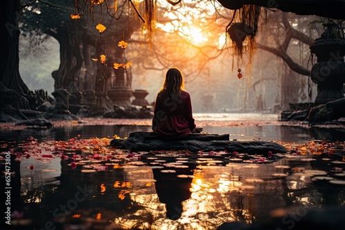 Yogi meditates in serene forest at dawn, merging with nature., generative IA
