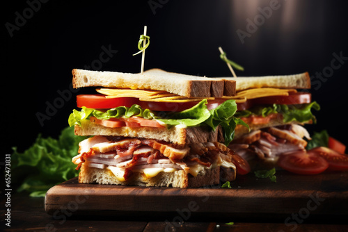 Delicious club sandwich with ham, bacon, cheese and lettuce on a dark wooden background