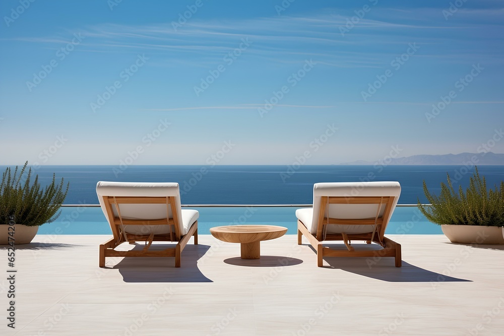 An armchair on the terrace, sun beds for relaxing against the background of the serene sea on a bright sunny day, for relaxing on the beach.