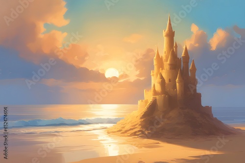 Castelo de areia na praia durante o pôr-do-sol.
