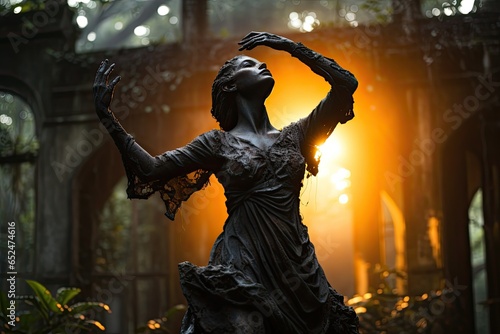 Flexible figure in the midst of old statues during a stretch in the twilight garden., generative IA
