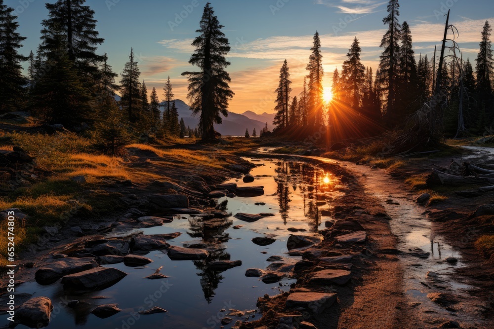 Serene trail on the edge of an alpine lake at dawn., generative IA