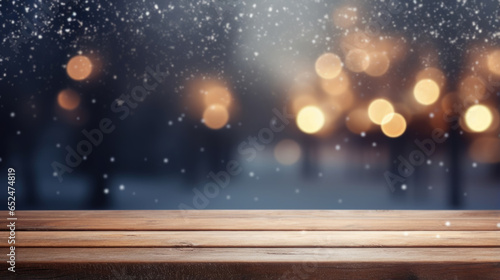 Christmas trees with bokeh light in snow with empty wooden table and festive bokeh at christmas time, generative ai