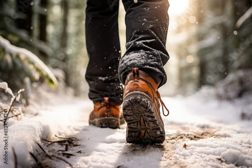 Hiker's boots crunching through fresh snow on a forest trail