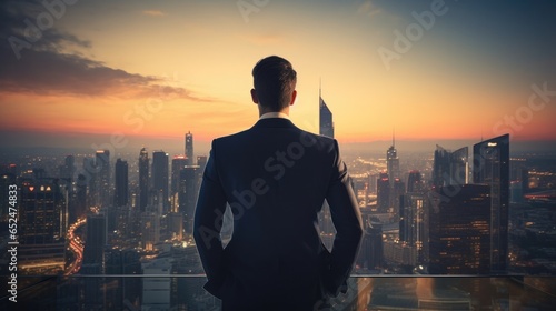 Businessman standing on a roof and looking at future city, generative ai