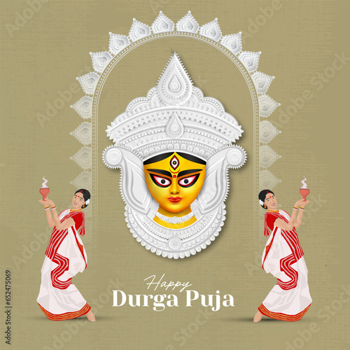 Happy Durga Puja Creative Banner Design With Durga Face Illustration Indian Festival