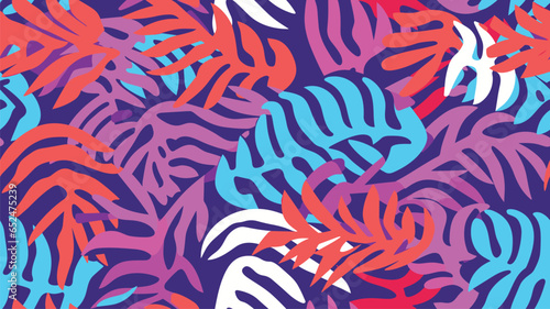 Multicolor abstract background with tropical palm leaves in Matisse style. Vector seamless pattern with Scandinavian cut out elements