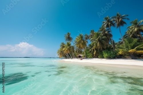 Beautiful tropical island with palm tree lined white sand beach  perfect for a summer getaway. An ideal travel destination. Generative AI