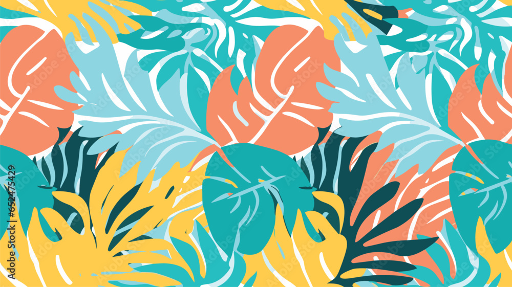 Multicolor abstract background with tropical palm leaves in Matisse style. Vector seamless pattern with Scandinavian cut out elements
