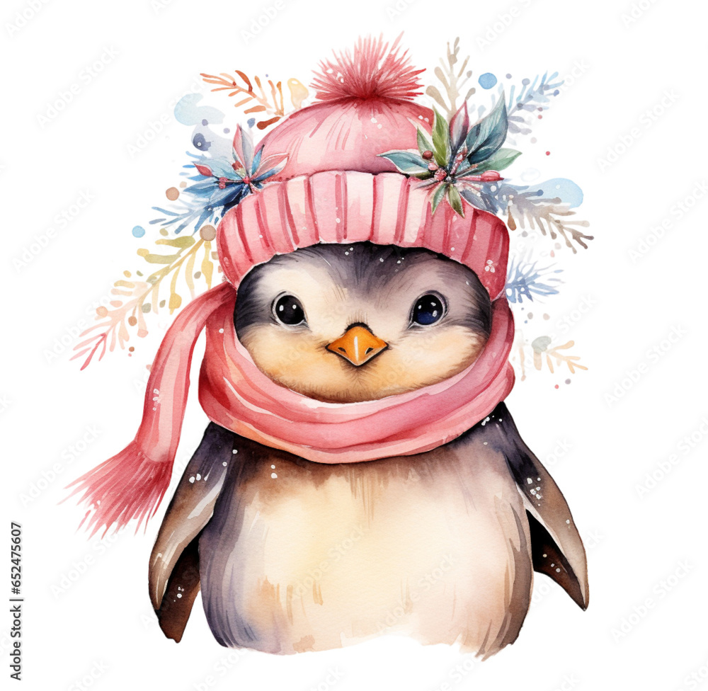 Watercolor illustration of a penguin in clothes, christmas penguin