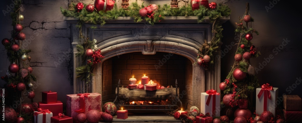 A festive fireplace surrounded by beautifully wrapped presents