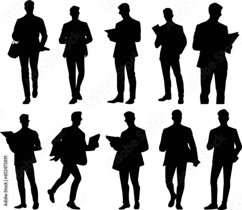 Set of working business man using laptop and tablet silhouettes. Easy editable layered vector illustration AI generated illustration