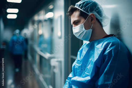 A tired surgeon sits against a wall in a hospital corridor after a complex operation