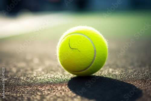 close-up image of tennis ball on the court, prepared for activity. Generative AI © Caspian
