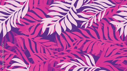 Purple pink abstract background with tropical palm leaves in Matisse style. Vector seamless pattern with Scandinavian cut out elements.