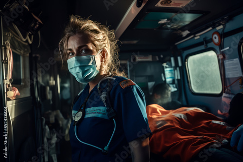 Woman paramedic at her workplace.Generative AI