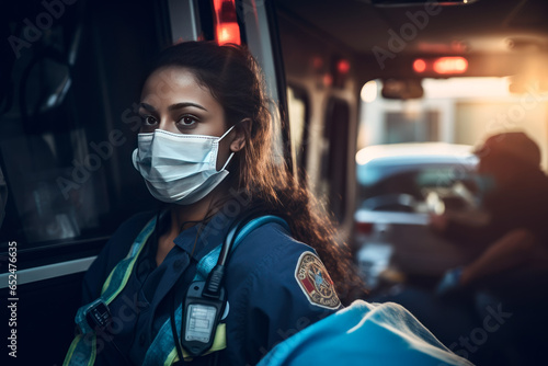 Woman paramedic at her workplace.Generative AI © Dmitry